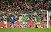 10 June 2012; Republic of Ireland goalkeeper Shay Given is beaten by Mario Mandžukic, Croatia, to score his side's third goal after 48 minutes. EURO2012, Group C, Republic of Ireland v Croatia, Municipal Stadium Poznan, Poznan, Poland. Photo by Sportsfile