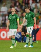 10 June 2012; A dejected Robbie Keane, left, and Stephen Ward, Republic of Ireland, after Croatia's Mario Mandzukic had scored his side's first goal. EURO2012, Group C, Republic of Ireland v Croatia, Municipal Stadium Poznan, Poznan, Poland. Picture credit: David Maher / SPORTSFILE