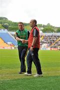 10 June 2012; Kerry manager Sean Moynihan, left, and Cork manager Paul McCarthy exchange a handshake after the game. Munster GAA Football Junior Championship, Semi-Final, Cork v Kerry, Pairc Ui Chaoimh, Cork. Picture credit: Diarmuid Greene / SPORTSFILE