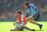 1 September 2002; Diarmuid Marsden of Armagh in action against Barry Cahill of Dublin during the Bank of Ireland All-Ireland Senior Football Championship Semi-Final match between Armagh and Dublin at Croke Park in Dublin. Photo by Ray McManus/Sportsfile