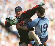 1 September 2002; Armagh goalkeeper Brendan Tierney in action against Colin Moran of Dublin during the Bank of Ireland All-Ireland Senior Football Championship Semi-Final match between Armagh and Dublin at Croke Park in Dublin. Photo by Brian Lawless/Sportsfile