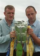 4 September 2002; Kilkenny captain Andy Comerford, right, and Clare captain Brian Lohan, with the Liam MacCarthy cup, during a photocall prior to the Guinness All-Ireland Senior Hurling Championship Final between Kilkenny and Clare. Photo by David Maher/Sportsfile