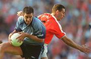 1 September 2002; John Magee of Dublin in action against Diarmaid Marsden of Armagh during the Bank of Ireland All-Ireland Senior Football Championship Semi-Final match between Armagh and Dublin at Croke Park in Dublin. Photo by Damien Eagers/Sportsfile