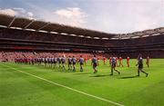 1 September 2002; Both teams during the pre-match parade prior to the Bank of Ireland All-Ireland Senior Football Championship Semi-Final match between Armagh and Dublin at Croke Park in Dublin. Photo by Ray McManus/Sportsfile