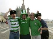 6 September 2002; Republic of Ireland supporters, from left, Tony Fitzpatrick, Dublin, Edwin Gregory, Wicklow, Gerry Matthews and Tony Shelvin, both from Dundalk, pictured in Red Square, Moscow, prior to the UEFA European Championship 2004 Qualifier Group 10 match between Russia and Republic of Ireland. Photo by Brendan Moran/Sportsfile