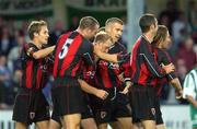 6 September 2002; Paul Keegan of Bohemians is congratulated by his team-mates after scoring during the FAI Carlsberg Cup Quarter-Final match between Bray Wanderers and Bohemians at the Carlisle Grounds in Bray, Wicklow. Photo by Matt Browne/Sportsfile
