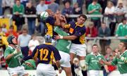 7 September 2002; Keith Gleeson of Ireland contests a dropping ball with Florin Corodeanu, left, and Valentin Maftei of Romania during the international friendly between Ireland and Romania at Thomond Park in Limerick. Photo by Matt Browne/Sportsfile