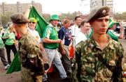 7 September 2002; Republic of Ireland supporters arrive at the stadium prior to the UEFA European Championship 2004 Qualifier Group 10 match between Russia and Republic of Ireland at the Lokomotiv Moscow Stadium in Moscow, Russia. Photo by David Maher/Sportsfile