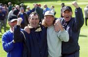 5 September 2002; The Island Vice Captain Humphrey Kelleher, 2nd from left, celebrates with team-mates Dennis Gaffney, left, Joe Cuff and Paul Cullen, right, after they had won the final of the Bulmers Jimmy Bruen Shield at Galway Golf Club in Galway. Photo by Ray McManus/Sportsfile