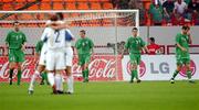 7 September 2002; Republic of Ireland players, from left, Gary Breen, Matt Holland, Ian Harte and Kenny Cunningham watch on as Russian players celebrate Andrey Karyaka goal during the UEFA European Championship 2004 Qualifier Group 10 match between Russia and Republic of Ireland at the Lokomotiv Moscow Stadium in Moscow, Russia. Photo by David Maher/Sportsfile
