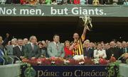 8 September 2002; Kilkenny captain Andy Comerford lifts the Liam MacCarthy cup following the Guinness All-Ireland Senior Hurling Championship Final match between Kilkenny and Clare at Croke Park in Dublin. Photo by Brendan Moran/Sportsfile