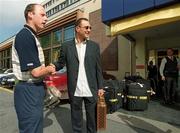 9 September 2002; Kilkenny senior captain Andy Comerford, with the Liam MacCarthy cup, meets former soccer player and actor Vinnie Jones, during a photocall at the Burlington Hotel in Dublin. Photo by Brendan Moran/Sportsfile