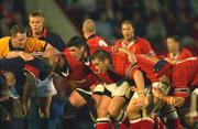 31 August 2002; Munster forwards, from left, John Hayes, James Blaney and Marcus Horan prepare for a scrum during the Celtic League Pool A match between Llanelli and Munster at Stradey Park in Llanelli, Wales. Photo by Matt Browne/Sportsfile