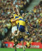 8 September 2002; Ollie Baker, right, and Sean McMahon of Clare in action against John Hoyne of Kilkenny during the Guinness All-Ireland Senior Hurling Championship Final match between Kilkenny and Clare at Croke Park in Dublin. Photo by Brian Lawless/Sportsfile