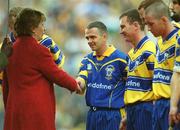 8 September 2002; President of Ireland Mary McAleese shakes hands with David Fitzgerald of Clare prior to the Guinness All-Ireland Senior Hurling Championship Final match between Kilkenny and Clare at Croke Park in Dublin. Photo by Aoife Rice/Sportsfile