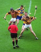 8 September 2002; Derek Lyng, left, and Andy Comerford of Kilkenny in action against John Reddan, left, and Colin Lynch of Clare compete for the throw-in during the Guinness All-Ireland Senior Hurling Championship Final match between Kilkenny and Clare at Croke Park in Dublin. Photo by Brian Lawless/Sportsfile