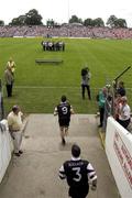 18 August 2002; The Sligo team, led by captain Eamonn O'Hara, 9, make their way out onto the pitch prior to the Bank of Ireland All-Ireland Senior Football Championship Quarter-Final Replay match between Armagh and Sligo at Páirc Táilteann in Navan, Meath. Photo by Brendan Moran/Sportsfile