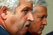 13 September 2002; FAI President Milo Corcoran, left, and Chief Executive Brendan Menton during an FAI press conference, to outline their position on Stadium Ireland, and the joint EURO 2008 bid between Ireland and Scotland, at the Red Cow Hotel in Dublin. Photo by David Maher/Sportsfile