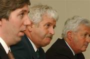 13 September 2002; FAI Officials, from left, John Delaney, Treasurer, Milo Corcoran, President, and Brendan Menton, Chief Executive, during an FAI press conference, to outline their position on Stadium Ireland, and the joint EURO 2008 bid between Ireland and Scotland, at the Red Cow Hotel in Dublin. Photo by David Maher/Sportsfile