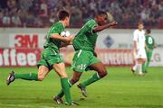 7 September 2002; Clinton Morrison of Republic of Ireland, celebrates his goal against Russia with team-mate Steve Finnan, left, during the UEFA European Championship 2004 Qualifier Group 10 match between Russia and Republic of Ireland at the Lokomotiv Moscow Stadium in Moscow, Russia. Photo by Brendan Moran/Sportsfile