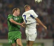 7 September 2002; Gary Doherty of Republic of Ireland in action against Victor Onopko of Russia during the UEFA European Championship 2004 Qualifier Group 10 match between Russia and Republic of Ireland at the Lokomotiv Moscow Stadium in Moscow, Russia. Photo by Brendan Moran/Sportsfile