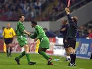 7 September 2002; Kevin Kilbane of Republic of Ireland is replaced by Phil Babb, right, during the UEFA European Championship 2004 Qualifier Group 10 match between Russia and Republic of Ireland at the Lokomotiv Moscow Stadium in Moscow, Russia. Photo by Brendan Moran/Sportsfile
