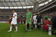 7 September 2002; Republic of Ireland captain Kenny Cunningham, 4, leads his side out prior to the UEFA European Championship 2004 Qualifier Group 10 match between Russia and Republic of Ireland at the Lokomotiv Moscow Stadium in Moscow, Russia. Photo by Brendan Moran/Sportsfile
