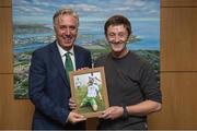 5 September 2017; FAI CEO John Delaney presents photographer Dave Maher with framed pictures signed by Martin O'Neill & Robbie Brady on his last night working for Sportsfile after 28 years of service at the FIFA World Cup Qualifier Group D match between Republic of Ireland and Serbia at the Aviva Stadium in Dublin. Photo by Brendan Moran/Sportsfile