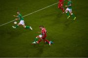 5 September 2017; Aleksandar Kolarov of Serbia shoots, despite the attempts of Jonathan Walters of Republic of Ireland, to score his side's first goal during the FIFA World Cup Qualifier Group D match between Republic of Ireland and Serbia at the Aviva Stadium in Dublin. Photo by Stephen McCarthy/Sportsfile