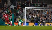 5 September 2017; Aleksandar Kolarov of Serbia shoots past Darren Randolph of Republic of Ireland to score his side's first goal during the FIFA World Cup Qualifier Group D match between Republic of Ireland and Serbia at the Aviva Stadium in Dublin. Photo by David Maher/Sportsfile