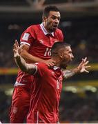 5 September 2017; Aleksandar Kolarov of Serbia,  right, celebrates with teammate Luka Milivojevic after scoring his side's first goal during the FIFA World Cup Qualifier Group D match between Republic of Ireland and Serbia at the Aviva Stadium in Dublin. Photo by Seb Daly/Sportsfile