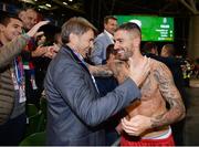 5 September 2017; Aleksandar Kolarov of Serbia celebrates with supporters following his side's victory during the FIFA World Cup Qualifier Group D match between Republic of Ireland and Serbia at the Aviva Stadium in Dublin. Photo by Seb Daly/Sportsfile