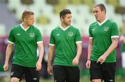 13 June 2012; Republic of Ireland's Damien Duff, left, Robbie Keane and Richard Dunne, right, during squad training ahead of their UEFA EURO 2012, Group C, game against Spain on Thursday. Republic of Ireland EURO2012 Squad Training, Arena Gdansk, Gdansk, Poland. Picture credit: David Maher / SPORTSFILE