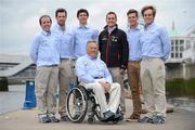 14 June 2012; Irish sailors, back from left, Ian Costello, Paralympic Sonar Class, Matt McGovern, 49er Class, Scott Flanigan, 470 Class, James O'Callaghan, ISA High Performance Director, Ryan Seaton, 49er Class, and James Espey, Laser Class and, front, John Twomey, Paralympic Sonar Class, after a Providence Resources Irish Olympic Sailors press conference ahead of the forthcoming London Olympic Games. Irish Sailing Association Press Conference, Jury's Hotel, IFSC, Dublin. Picture credit: Brendan Moran / SPORTSFILE