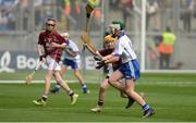 3 September 2017; Shea Pucci of St Patrick's, Newtownards, Co Down, representing Waterford, in action against Ronan Courtney of St. Mary's National School, Edgeworthstown, Co Longford, representing Galway, during the INTO Cumann na mBunscol GAA Respect Exhibition Go Games at Galway v Waterford - GAA Hurling All-Ireland Senior Championship Final at Croke Park in Dublin. Photo by Piaras Ó Mídheach/Sportsfile