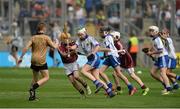 3 September 2017; Shea Pucci of St Patrick's, Newtownards, Co Down, representing Waterford, in action against Ronan Courtney of St. Mary's National School, Edgeworthstown, Co Longford, representing Galway, during the INTO Cumann na mBunscol GAA Respect Exhibition Go Games at Galway v Waterford - GAA Hurling All-Ireland Senior Championship Final at Croke Park in Dublin. Photo by Piaras Ó Mídheach/Sportsfile