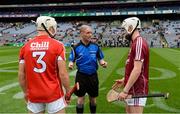 3 September 2017; Referee Seán Cleere with team captains Seán O'Leary Hayes of Cork and Darren Morrissey of Galway before the Electric Ireland GAA Hurling All-Ireland Minor Championship Final match between Galway and Cork at Croke Park in Dublin. Photo by Piaras Ó Mídheach/Sportsfile