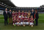 3 September 2017; President of the INTO John Boyle, President of Cumann na mBunscoil Liam McGee, Uachtarán Chumann Lúthchleas Gael Aogán Ó Fearghaíl, President of the Camogie Association Catherine Neary, with the Galway team team, back row, left to right, Joshua Ryan of Scoil Mhuire, Clarinbridge, Co Galway, Paul Daly of St Patrick's BNS, Drumcondra, Co Dublin, Brian Noone of St. Mary's National School, Ballinasloe, Co Galway, Tommy McKeon of Kilskyre National School, Kells, Co Meath, Barry Egan of St. Francis Boys National School, Clara, Co Offaly, referee Michael O'Driscoll, from Glenville National School, Glenville, Co Cork, front row, left to right, Donal Gallagher of Stramore National School, Letterkenny, Co Donegal, Ronan Courtney of St. Mary's National School, Edgeworthstown, Co Longford, Tom O'Flaherty of Aghamore National School, Ballyhaunis, Co Mayo, Fionn Keating McDermott of St Colmcilles SNS, Knocklyon, Co Dublin, Conan McPhillips of Tattygar PS, Lisbellaw, Co Fermanagh, Éanna Ó hAilpín of Scoil Rois, Carrickmacross, Co Monaghan, ahead of the GAA Hurling All-Ireland Senior Championship Final match between Galway and Waterford at Croke Park in Dublin. Photo by Daire Brennan/Sportsfile