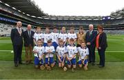 3 September 2017; President of the INTO John Boyle, President of Cumann na mBunscoil Liam McGee, Uachtarán Chumann Lúthchleas Gael Aogán Ó Fearghaíl, President of the Camogie Association Catherine Neary, with the Waterford team team, back row, left to right, Fintan Brady of St. Brigid's PS, Ballymena, Co Antrim, Fiachra O'Connor of Ardfert National School, Ard Fhearta, Co Kerry, Niall Carrigg of Ballyea N.S., Co Clare, Shea Pucci of St Patrick's, Newtownards, Co Down, Steven McDonnell of St Patrick's PS, Loughgall Rd, Co Armagh, referee Michael O'Driscoll, from Glenville National School, Glenville, Co Cork, front row, left to right, William Dore of Bruree National School, Bruree, Co Limerick, Jack Breen of Paddock National School, Portlaoise, Co Laois, Ryan Sinkey of St Corbans Boys National School, Naas, Co Kildare, Billy Dowling of St Aidens National School, Kilmanagh, Co Kilkenny, Colin Quaid of Shandrum National School, Charleville, Co Cork, ahead of the GAA Hurling All-Ireland Senior Championship Final match between Galway and Waterford at Croke Park in Dublin. Photo by Daire Brennan/Sportsfile