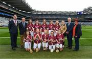 3 September 2017; President of the INTO John Boyle, President of Cumann na mBunscoil Liam McGee, Uachtarán Chumann Lúthchleas Gael Aogán Ó Fearghaíl, President of the Camogie Association Catherine Neary, with the Galway team team, back row, left to right, Isobel Moore of Geevagh National School, Geevagh, Co Sligo, Rebecca Hamill of Clontibret National School, Monaghan, Sara Ní Chormaic of Gaelscoil na Bóinne, Trim, Co Meath, Áine Arthur of Primate Dixon P.S., Coalisland, Co Tyrone, Ella Heary of St Marnocks National School, Portmarnock, Dublin, referee Katelynn Fitzgerald, from Glenville National School, Glenville, Co Cork, front row, left to right, Alex Hodgins of Presentation Primary School, Terenure Road, Dublin, Caitlin Johnston of St John the Baptist P.S., Belleek, Fermanagh, Laura Maguire of Scoil Chlann Naofa, Ballinamore, Co Leitrim, Andrea Fallon of Runnamoate National School, Ballinaheglish, Co Roscommon, Ciara Keogh of St. Mary's National School, Mullingar, Co Westmeath, ahead of the GAA Hurling All-Ireland Senior Championship Final match between Galway and Waterford at Croke Park in Dublin. Photo by Daire Brennan/Sportsfile