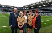 3 September 2017; Uachtarán Chumann Lúthchleas Gael Aogán Ó Fearghaíl, Mairead O'Callaghan, Cumann na mBunscol, President of the Camogie Association Catherine Neary, with referees Michael O'Driscoll and Katelynn Fitzgerald, from Glenville National School, Glenville, Co Cork, ahead of the GAA Hurling All-Ireland Senior Championship Final match between Galway and Waterford at Croke Park in Dublin. Photo by Daire Brennan/Sportsfile