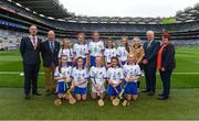 3 September 2017; President of the INTO John Boyle, President of Cumann na mBunscoil Liam McGee, Uachtarán Chumann Lúthchleas Gael Aogán Ó Fearghaíl, President of the Camogie Association Catherine Neary, with the Waterford team, back row, left to right, Laoise Forrest of Ballygunner National School, Ballygunner, Co Waterford, Aisling Sexton of Laragh National School, Stradone, Co Cavan, Kate Feasey of Patrickswell National School, Patrickswell, Co Limerick, Gemma Murray of Dromin National School, Dunleer, Co Louth, Lucy Kinane of Rossmore National School, Cashel, Co Tipperary, referee Katelynn Fitzgerald, from Glenville National School, Glenville, Co Cork, front row, left to right, Sarah O'Neill of Anahorish Primary School, Toomebridge, Co Antrim, Lily Hayes Nally of Ballintotas National School, Castlemarty, Co Cork, Sadhbh Buttle of Ballyellis National School, Gorey, Co Wexford, Emma Nesbitt of Scoil Chualann, Bray, Co Wicklow, Caitlin Earl of Old Leighlin National School, Old Leighlin, Co Carlow, ahead of the GAA Hurling All-Ireland Senior Championship Final match between Galway and Waterford at Croke Park in Dublin. Photo by Daire Brennan/Sportsfile