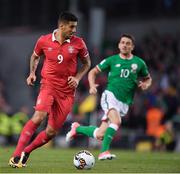 5 September 2017; Aleksandar Mitrovic of Serbia in action against Robbie Brady of Republic of Ireland during the FIFA World Cup Qualifier Group D match between Republic of Ireland and Serbia at the Aviva Stadium in Dublin. Photo by Brendan Moran/Sportsfile