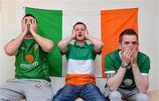 14 June 2012; Republic of Ireland supporters, from left to right, Darren Heelan, Gavin Coleman and Mark Coleman, from Pallasgreen, Co. Limerick, watch the EURO2012, Group C, game between the Republic of Ireland and Spain in Pallasgreen, Co. Limerick. Picture credit: Diarmuid Greene / SPORTSFILE