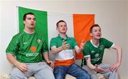 14 June 2012; Republic of Ireland supporters, from left to right, Darren Heelan, Gavin Coleman and Mark Coleman, from Pallasgreen, Co. Limerick, watch the EURO2012, Group C, game between the Republic of Ireland and Spain in Pallasgreen, Co. Limerick. Picture credit: Diarmuid Greene / SPORTSFILE