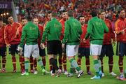 14 June 2012; Republic of Ireland players shake hands with members of the Spanish team before the game. EURO2012, Group C, Spain v Republic of Ireland, Arena Gdansk, Gdansk, Poland. Picture credit: David Maher / SPORTSFILE