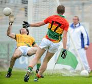 16 June 2012; Keith Jackson, Carlow, shoots to score a goal, despite the efforts of Meath goalkeeper David Gallagher. Leinster GAA Football Senior Championship Quarter-Final Replay, Meath v Carlow, O'Connor Park, Tullamore, Co Offaly. Picture credit: Matt Browne / SPORTSFILE