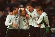 17 April 2002; Mark Kinsella, 8, celebrate with team-mates Robbie Keane, 10, Colin Healy, 6 and Damien Duff after scoring. Republic of Ireland v USA, International Friendly, Lansdowne Road, Dublin. Soccer. Picture credit; Brendan Moran / SPORTSFILE