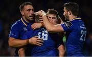 8 September 2017; Leinster's Sean Cronin, 16, is congratulated by teammates, from left, Jack Conan, Luke McGrath and Barry Daly, after scoring his side's second try during the Guinness PRO14 Round 2 match between Leinster and Cardiff Blues at the RDS Arena in Dublin. Photo by Ramsey Cardy/Sportsfile