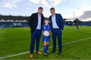 8 September 2017; Matchday mascot 11 year old Ritchie from Clontarf, Dublin, with Leinster players Jamie Heaslip and Garry Ringrose at the Guinness PRO14 Round 2 match between Leinster and Cardiff Blues at the RDS Arena in Dublin. Photo by Ramsey Cardy/Sportsfile